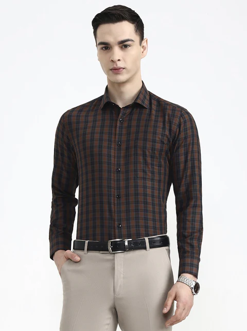 Brown & Blue Checked Slim Fit Formal Shirt