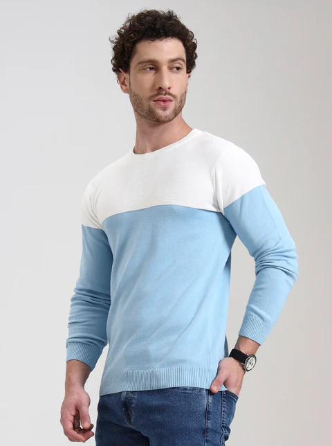 White & Sky Blue Striped Slim Fit T-Shirt