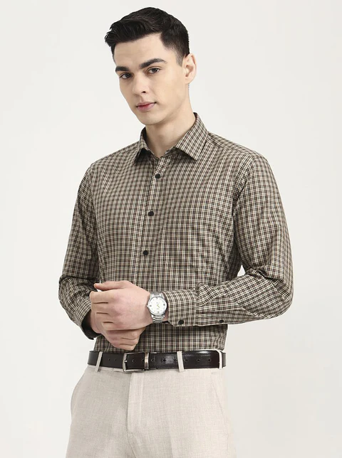 Brown & Cream Checked Regular Fit Formal Shirt