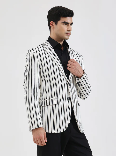 White & Black Striped Regular Fit Blazer