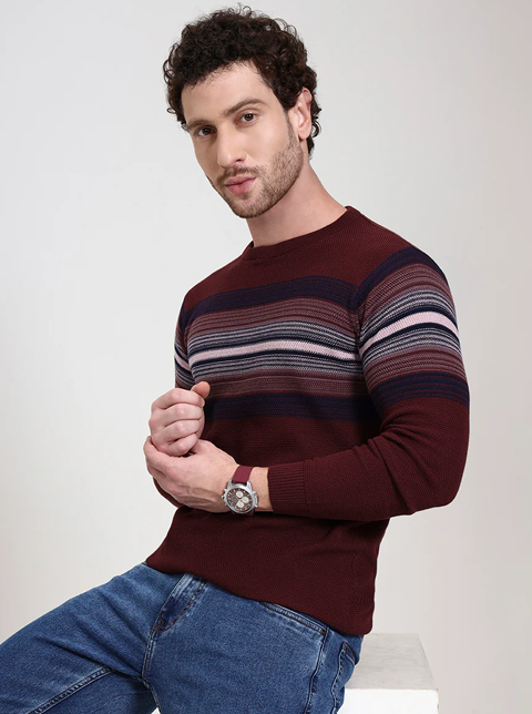 Wine Striped Slim Fit T-Shirt
