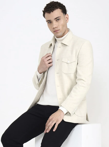 Cream Solid Regular Fit Blazer