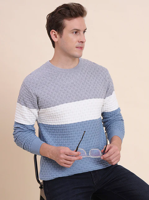 Grey & Blue Striped Slim Fit T-Shirt