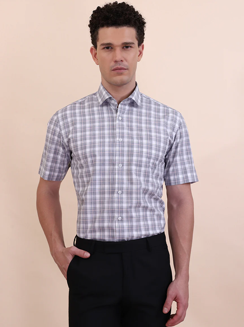 White & Grey Checked Regular Fit Formal Shirt