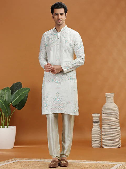 Aqua Grey Embroidered Kurta