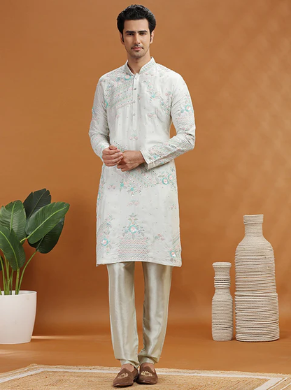 Aqua Grey Embroidered Kurta