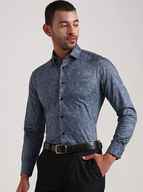 Blue Printed Slim Fit Formal Shirt