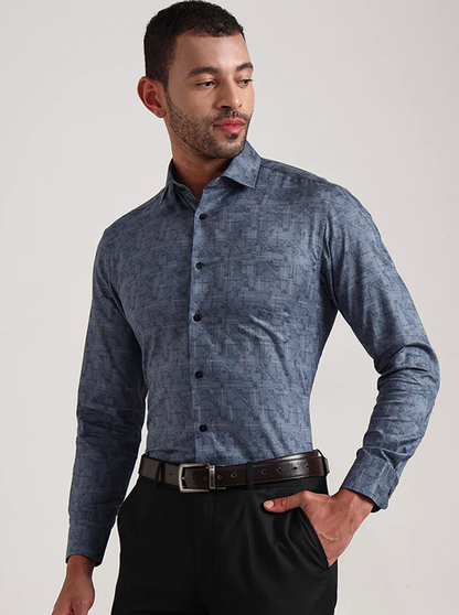 Blue Printed Slim Fit Formal Shirt