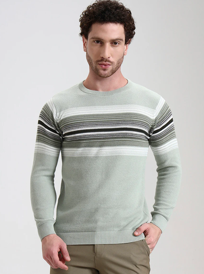 Mint Green Striped Slim Fit T-Shirt