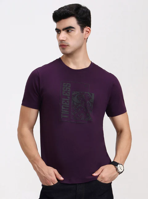 Wine Printed Slim Fit T-Shirt