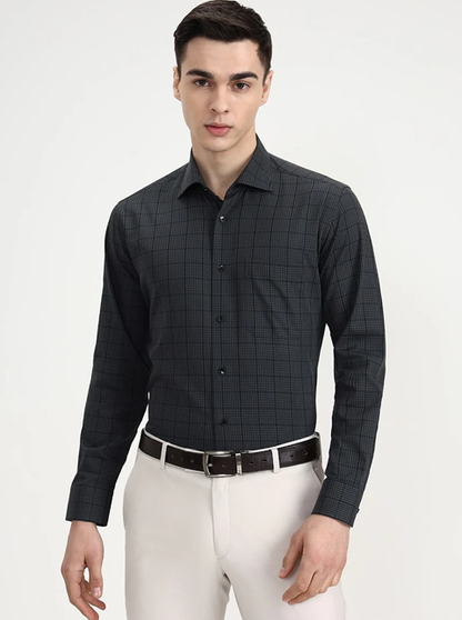 Green & Grey Checked Slim Fit Formal Shirt