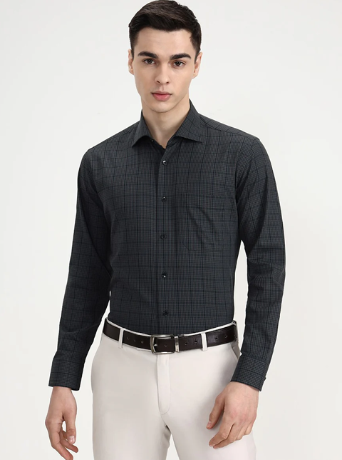 Green & Grey Checked Slim Fit Formal Shirt