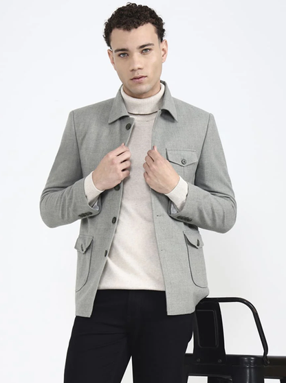 Olive Grey Solid Regular Fit Blazer