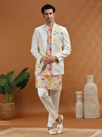 Off White Embroidered Jodhpuri Suit