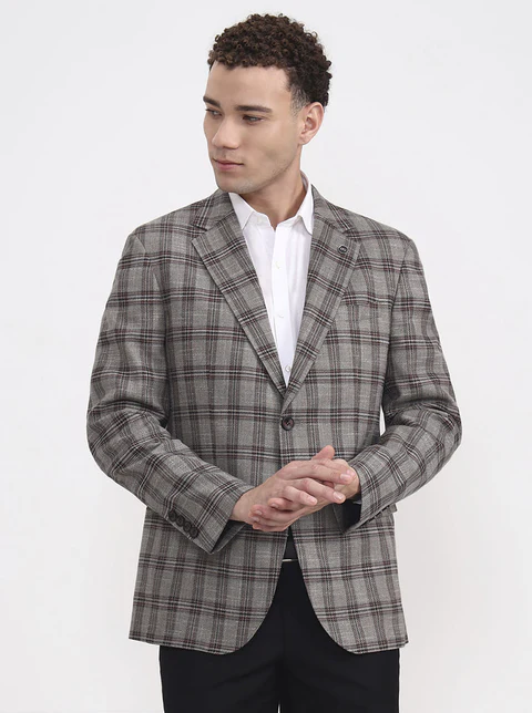 Brown Checked Regular Fit Blazer
