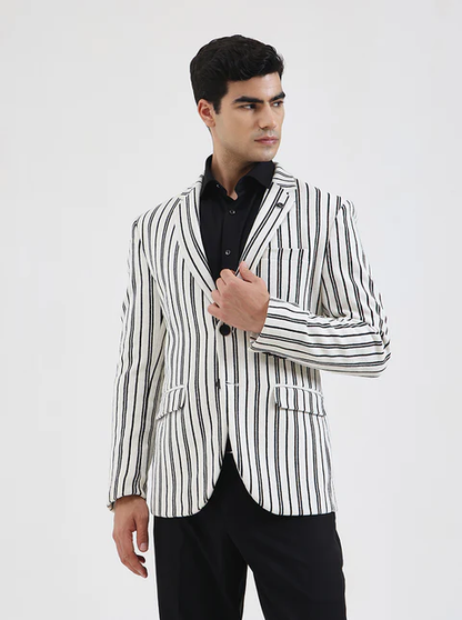 White & Black Striped Regular Fit Blazer
