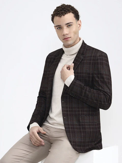 Maroon & Fawn Checked Regular Fit Blazer