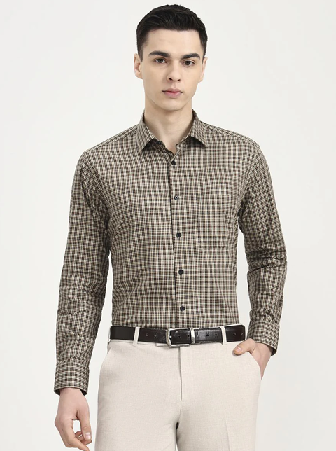 Brown & Cream Checked Regular Fit Formal Shirt