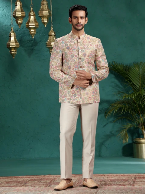Beige & Multicolor Self Design Jodhpuri Suit