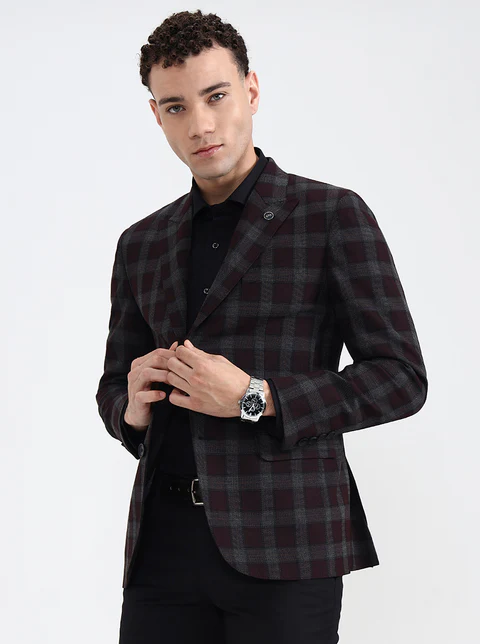 Maroon Checked Regular Fit Blazer