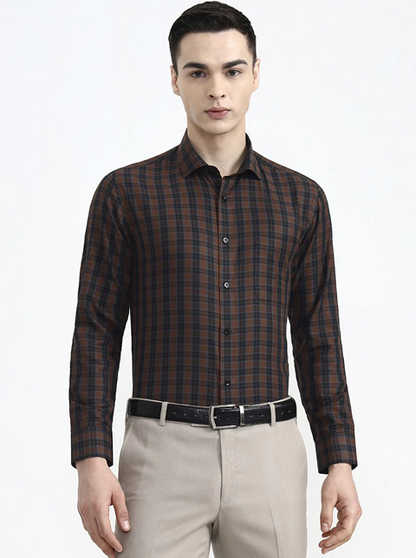 Brown & Blue Checked Slim Fit Formal Shirt