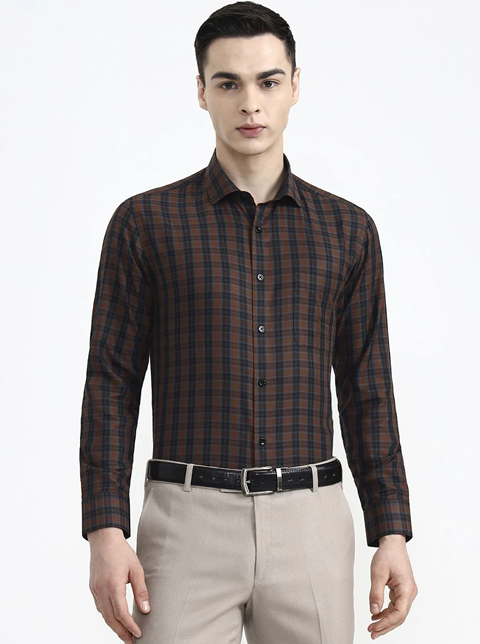 Brown & Blue Checked Slim Fit Formal Shirt