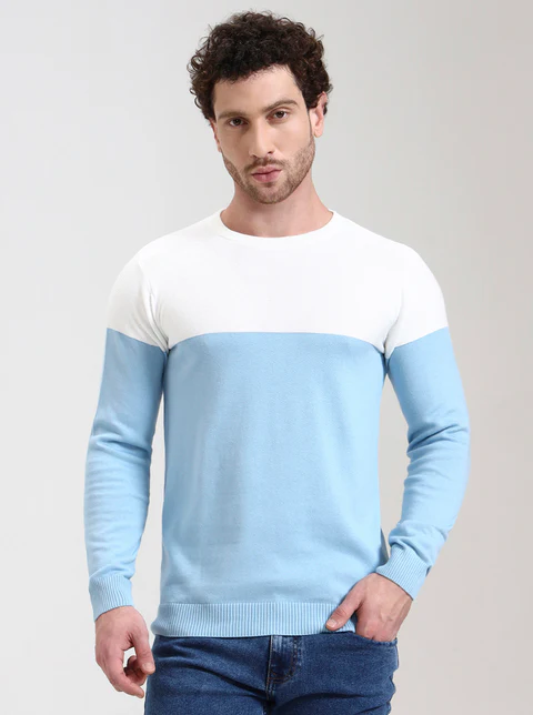 White & Sky Blue Striped Slim Fit T-Shirt
