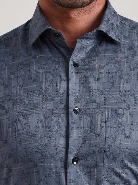 Blue Printed Slim Fit Formal Shirt