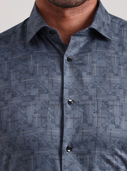 Blue Printed Slim Fit Formal Shirt