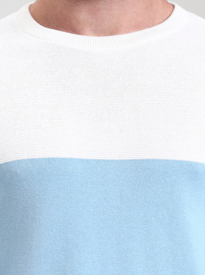 White & Sky Blue Striped Slim Fit T-Shirt