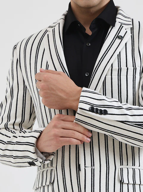 White & Black Striped Regular Fit Blazer