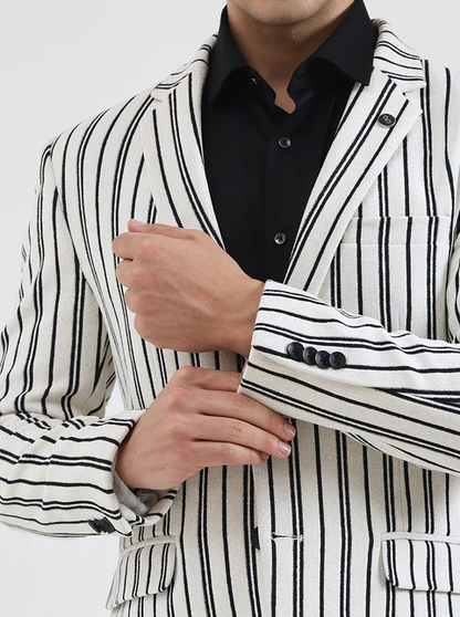 White & Black Striped Regular Fit Blazer