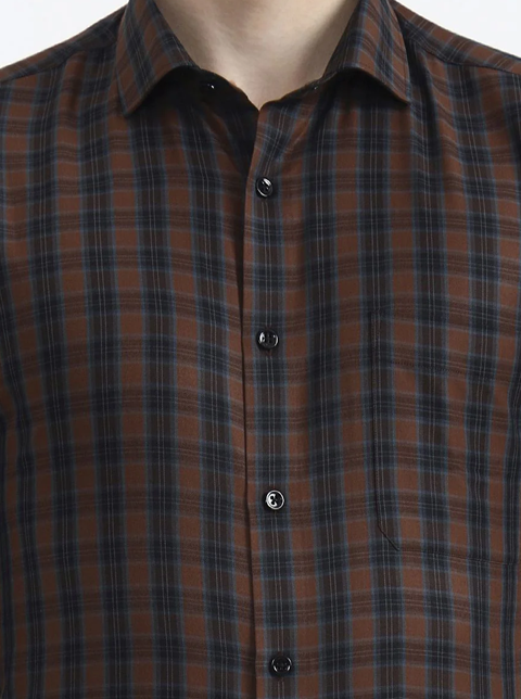 Brown & Blue Checked Slim Fit Formal Shirt