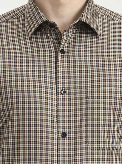Brown & Cream Checked Regular Fit Formal Shirt