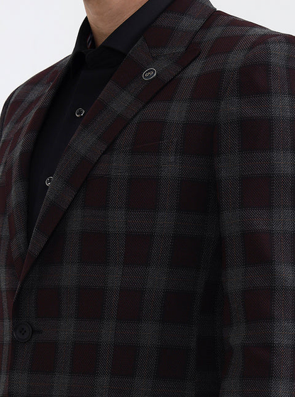 Maroon Checked Regular Fit Blazer