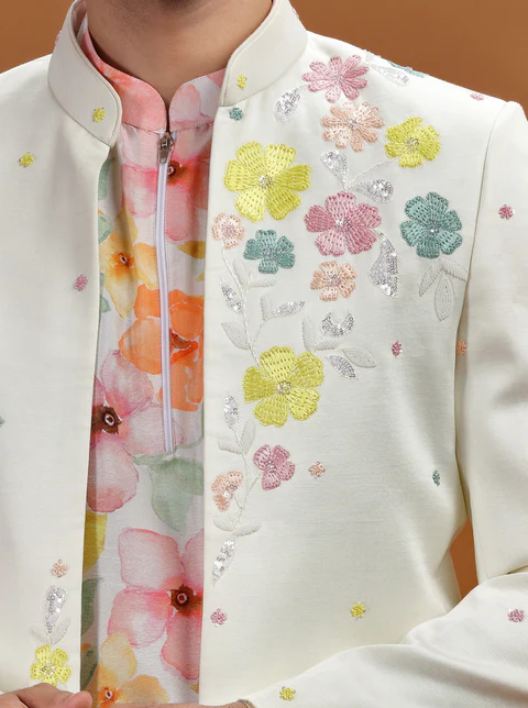 Off White Embroidered Jodhpuri Suit