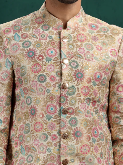 Beige & Multicolor Self Design Jodhpuri Suit