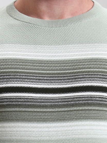 Mint Green Striped Slim Fit T-Shirt