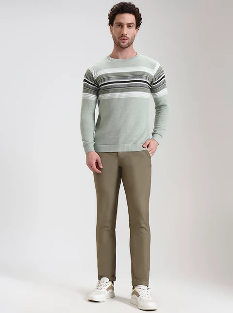 Mint Green Striped Slim Fit T-Shirt