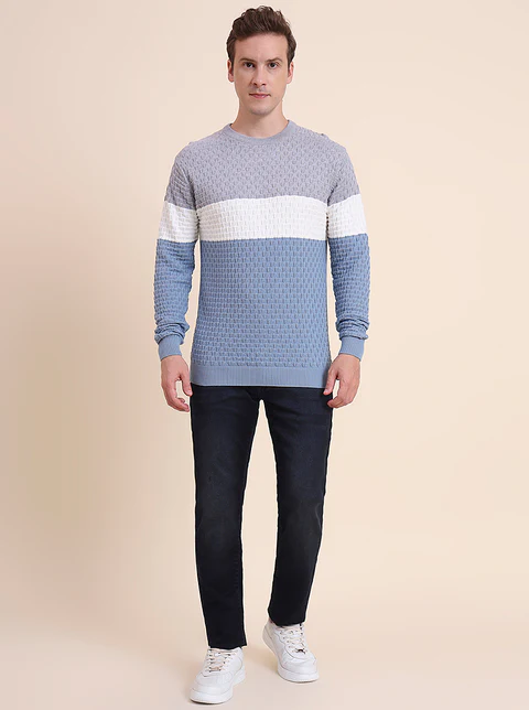 Grey & Blue Striped Slim Fit T-Shirt