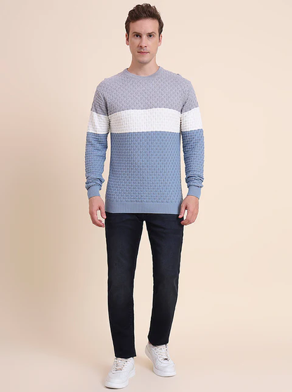 Grey & Blue Striped Slim Fit T-Shirt