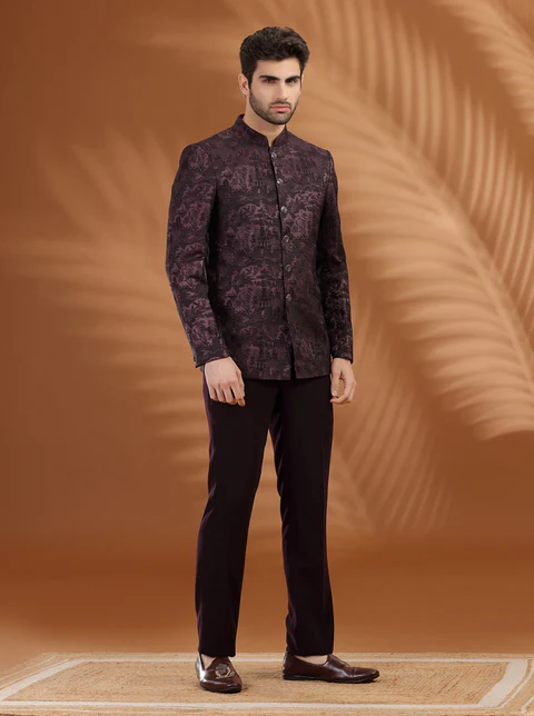 Charcol Black Self Textured Jodhpuri Suit