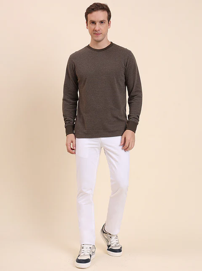 Olive Brown Striped Slim Fit T-Shirt
