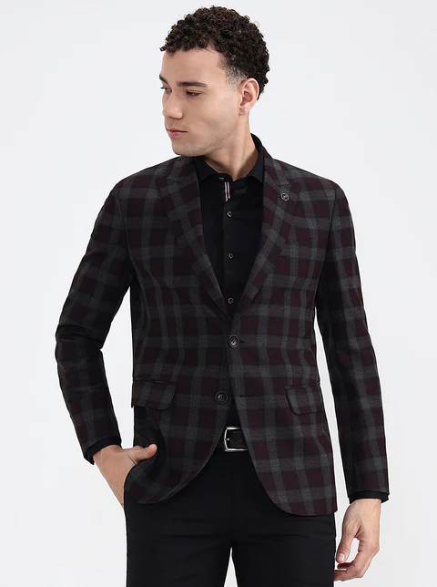 Maroon Checked Regular Fit Blazer