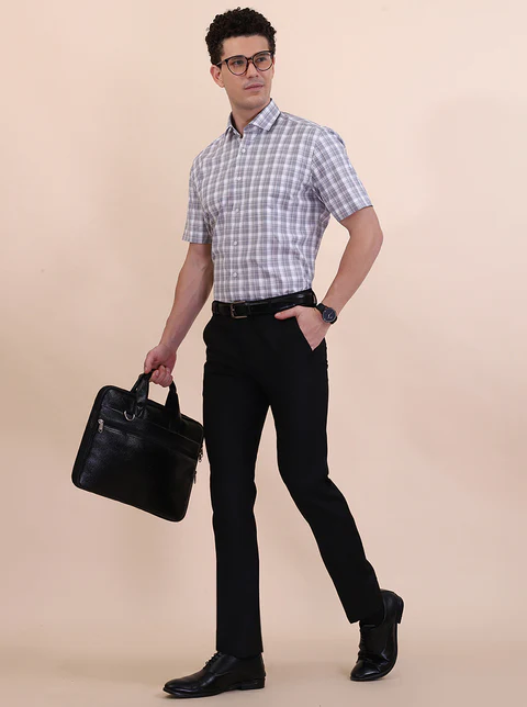 White & Grey Checked Regular Fit Formal Shirt