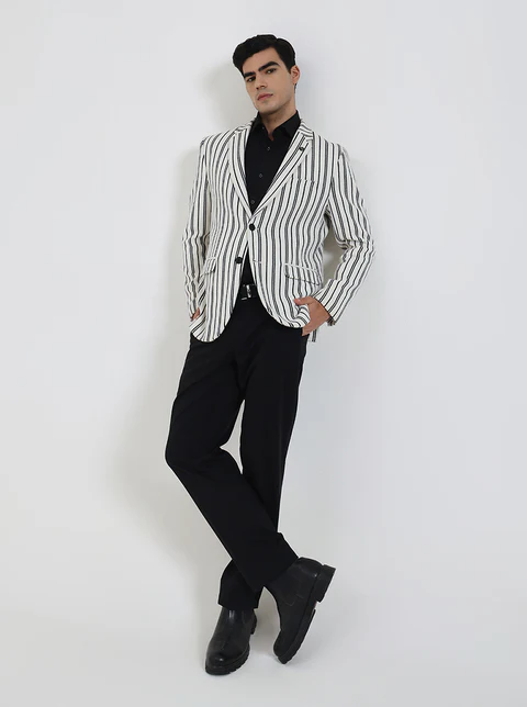 White & Black Striped Regular Fit Blazer