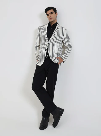 White & Black Striped Regular Fit Blazer