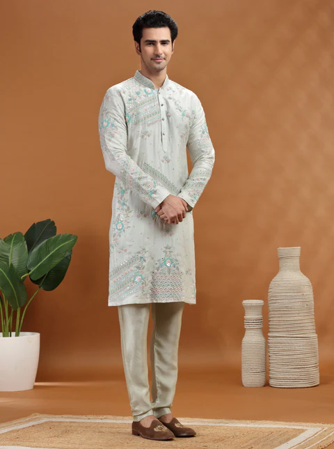 Aqua Grey Embroidered Kurta
