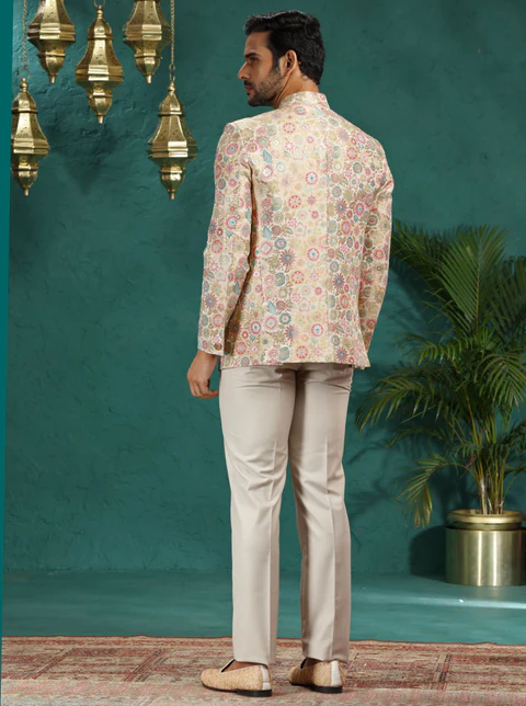 Beige & Multicolor Self Design Jodhpuri Suit