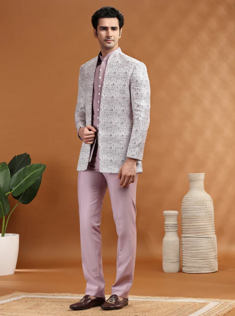 Purple Self Texture Jodhpuri Suit